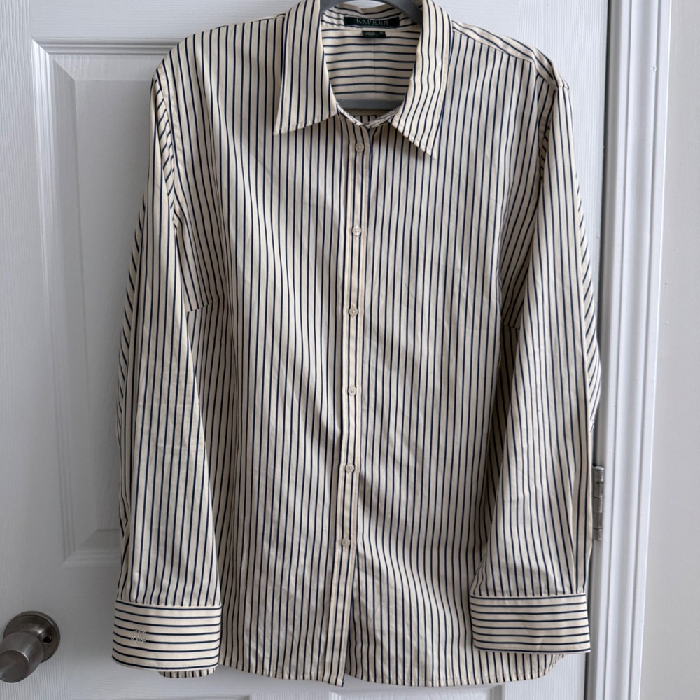 Lauren Ralph Lauren Striped Button Down Shirt Womens 2X Navy Cream Cotton LRL